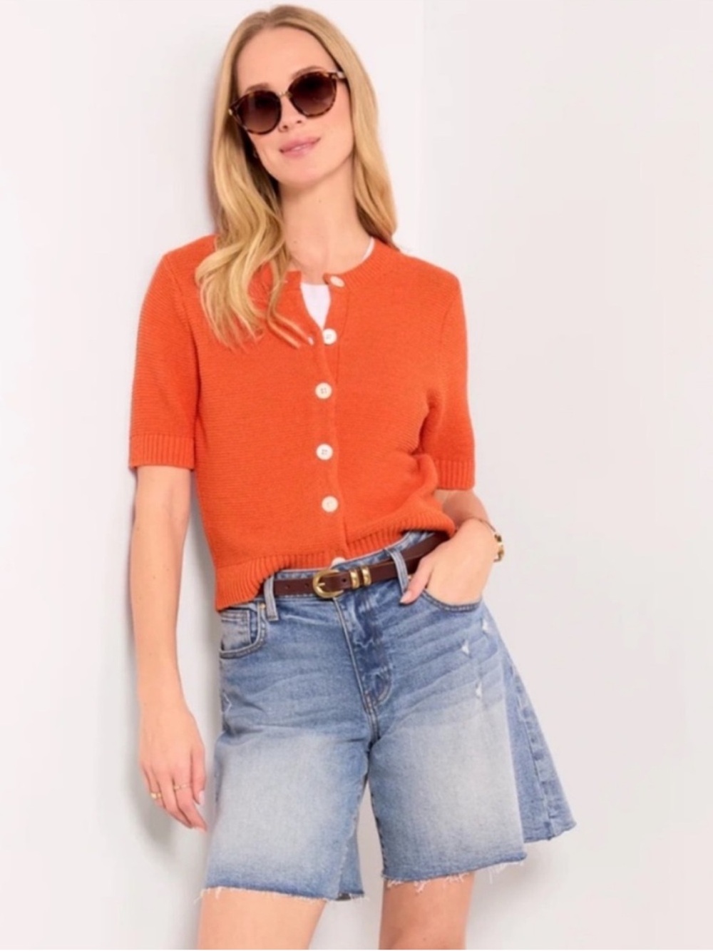 Alex Mill Cardigan Elle Sweater Short Sleeve Linen Cotton Pureed Pumpkin Orange